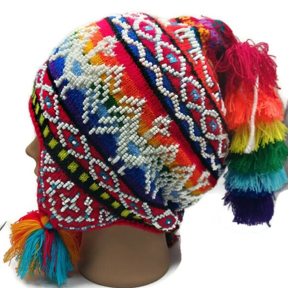 Chullo Unisex Hecho Mano Cuentas Multicolores, Pájaros Diseños Geométricos main image 6